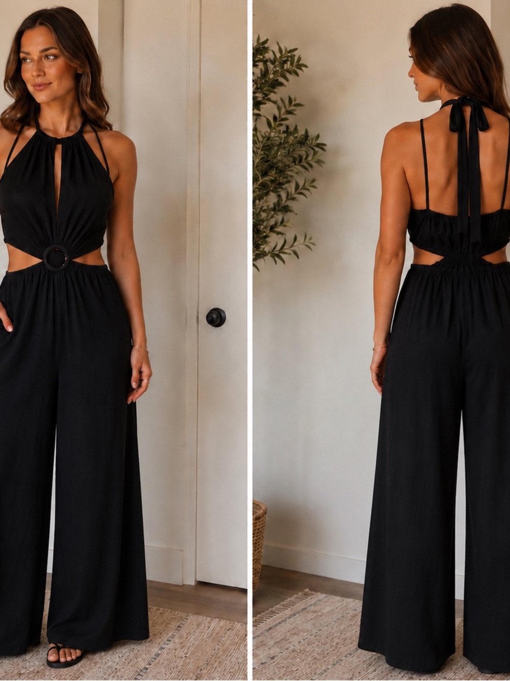 Aakaa Women's Black Halter Cutout Jumpsuit